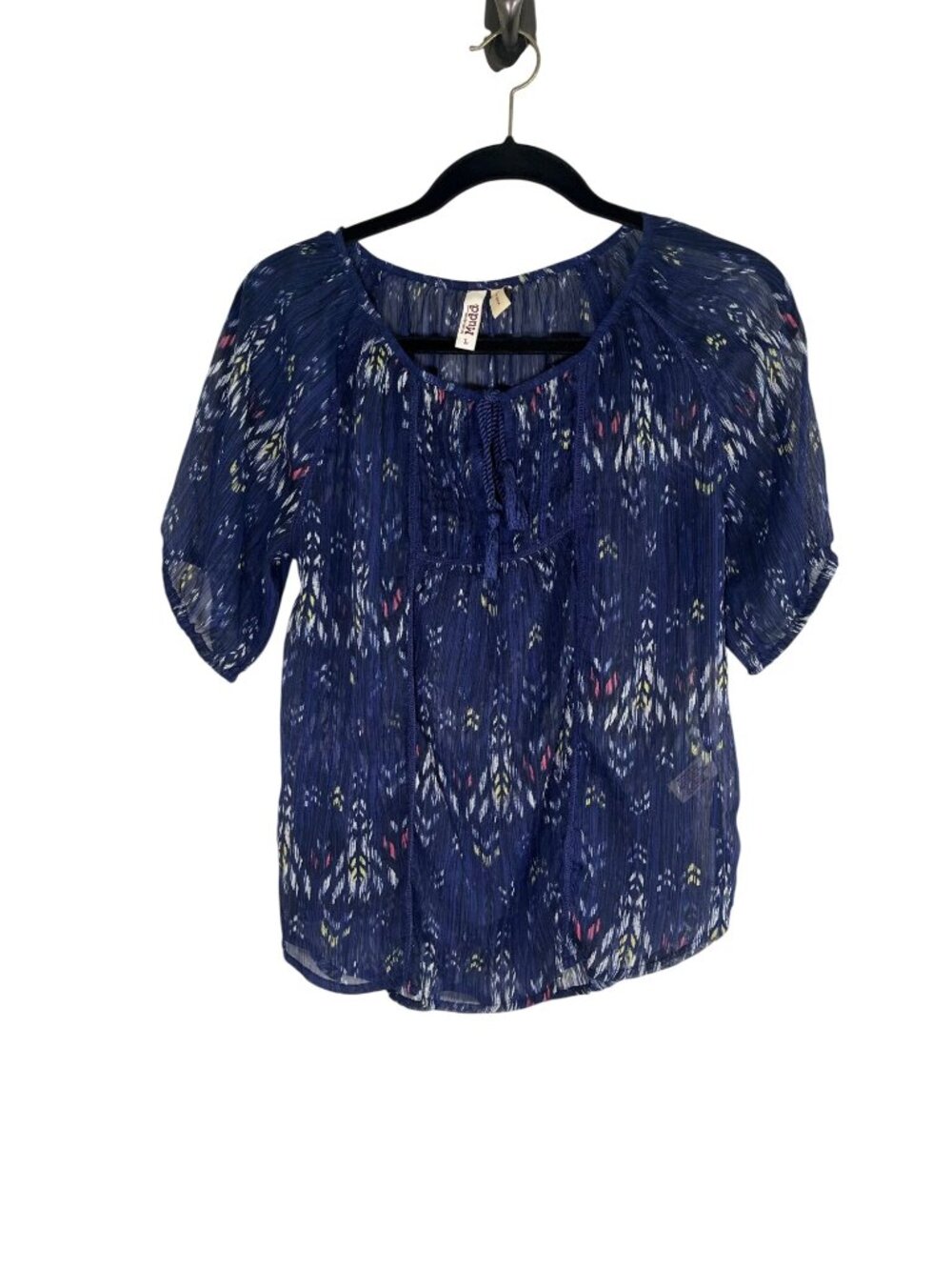Colorful Sheer Chevron Top Blue L Boho Indie Folk Peasant Festival Artsy Western